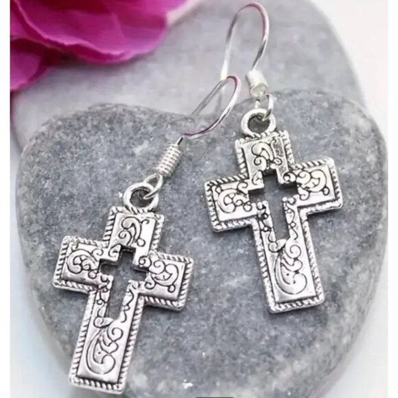 Cross Dangle Earrings Elegant Intricate Design Hypoallergenic Hooks NEW - Picture 2 of 2